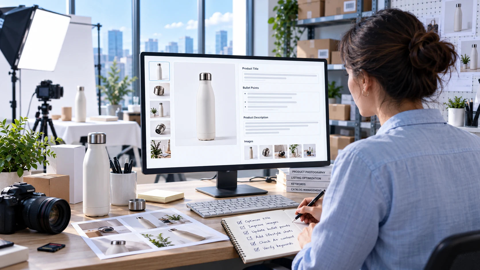 Product listing maintenance workspace with photography and catalog editing