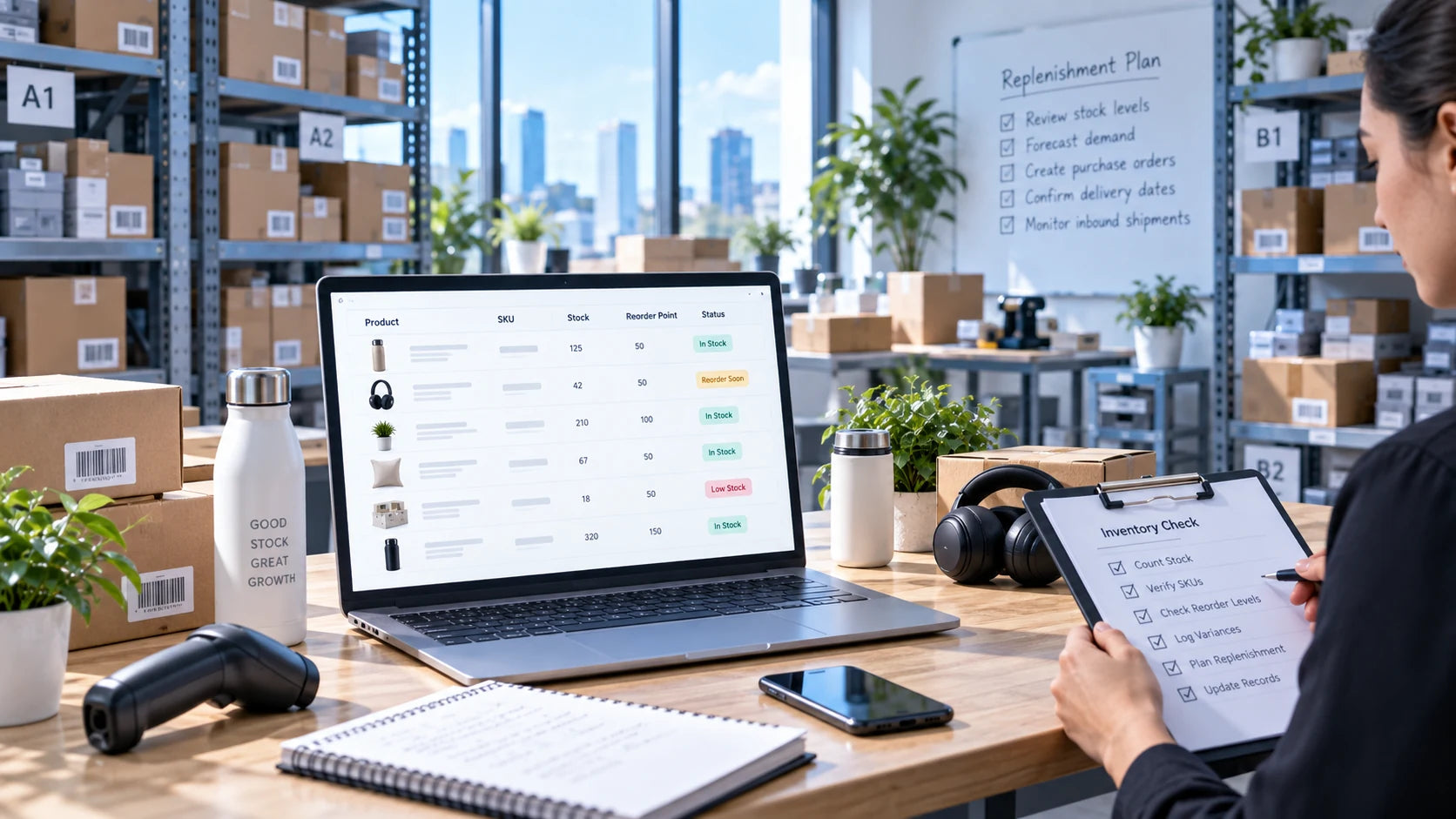 Inventory-control workspace with stock review, barcode scanning and replenishment planning