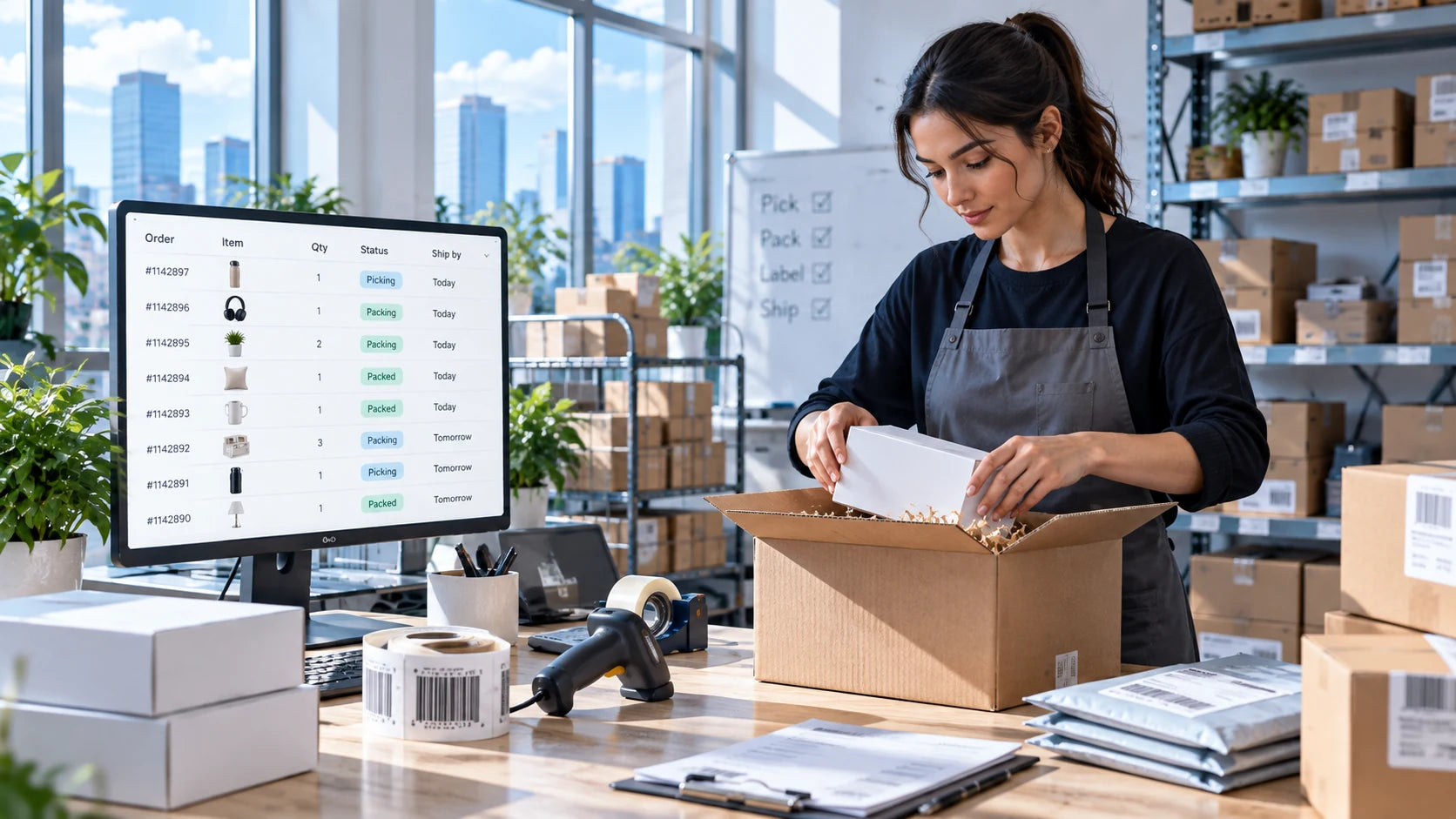Bright fulfillment workspace with packing, labels and order preparation