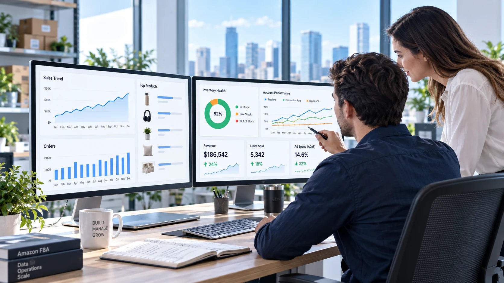 Team reviewing e-commerce performance dashboards in a bright operations office