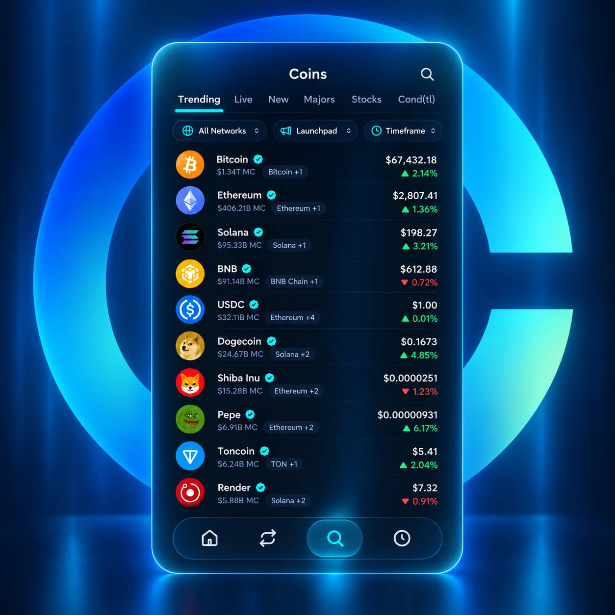 Coins discovery view in Coinbase Wallet