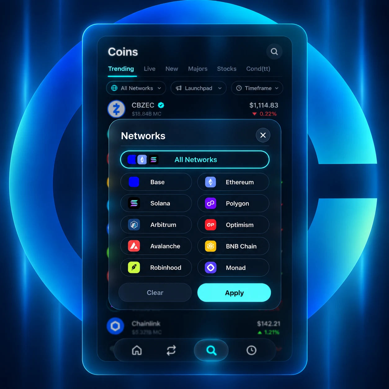 Networks view in Coinbase Wallet