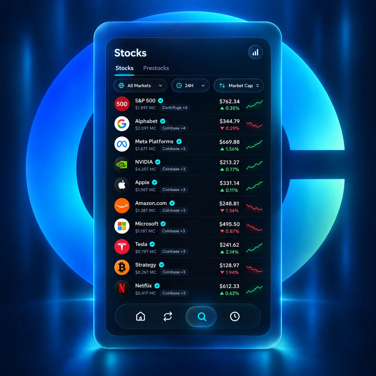 Stocks view in Coinbase Wallet